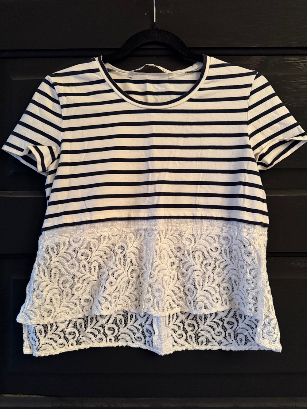 RACHEL Rachel Roy Navy and White Striped Short Sleeve Lace Hem Top